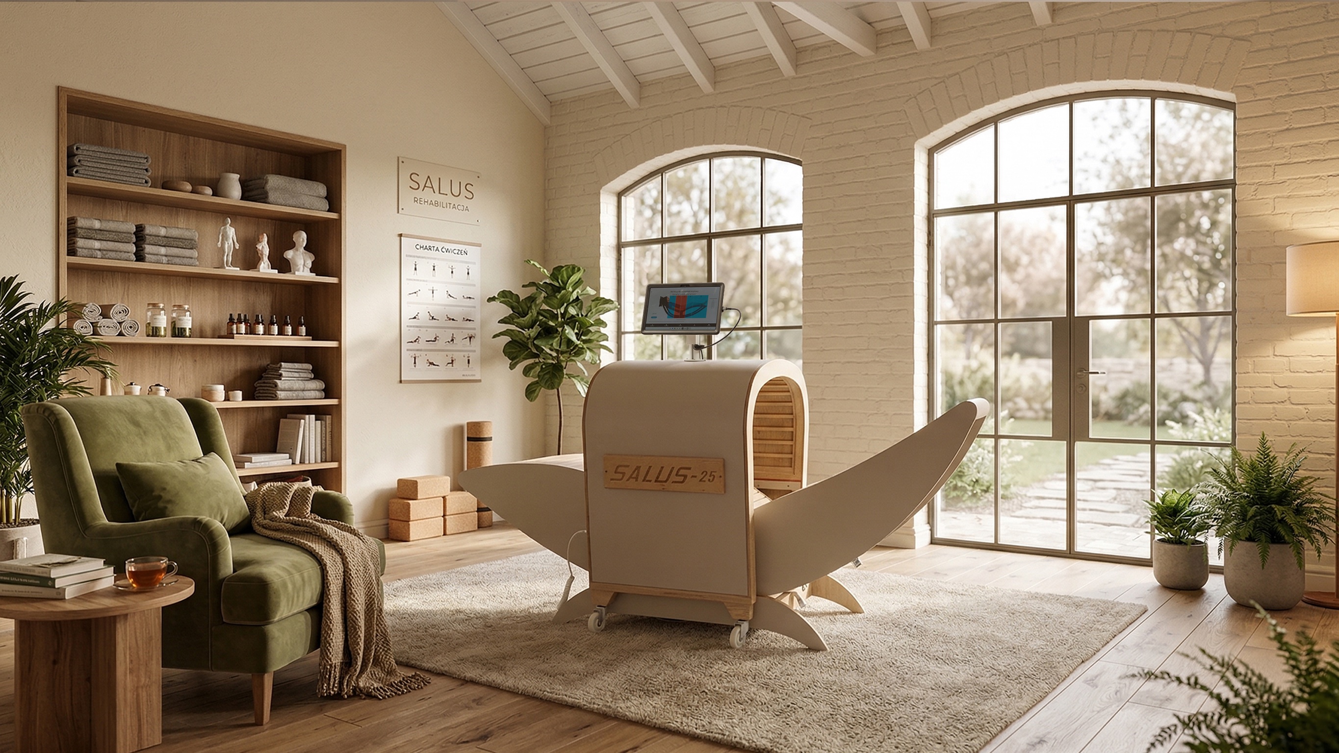 Leżanka terapeutyczna NIRE Salus-25 — widok z boku, ruchomy zagłówek